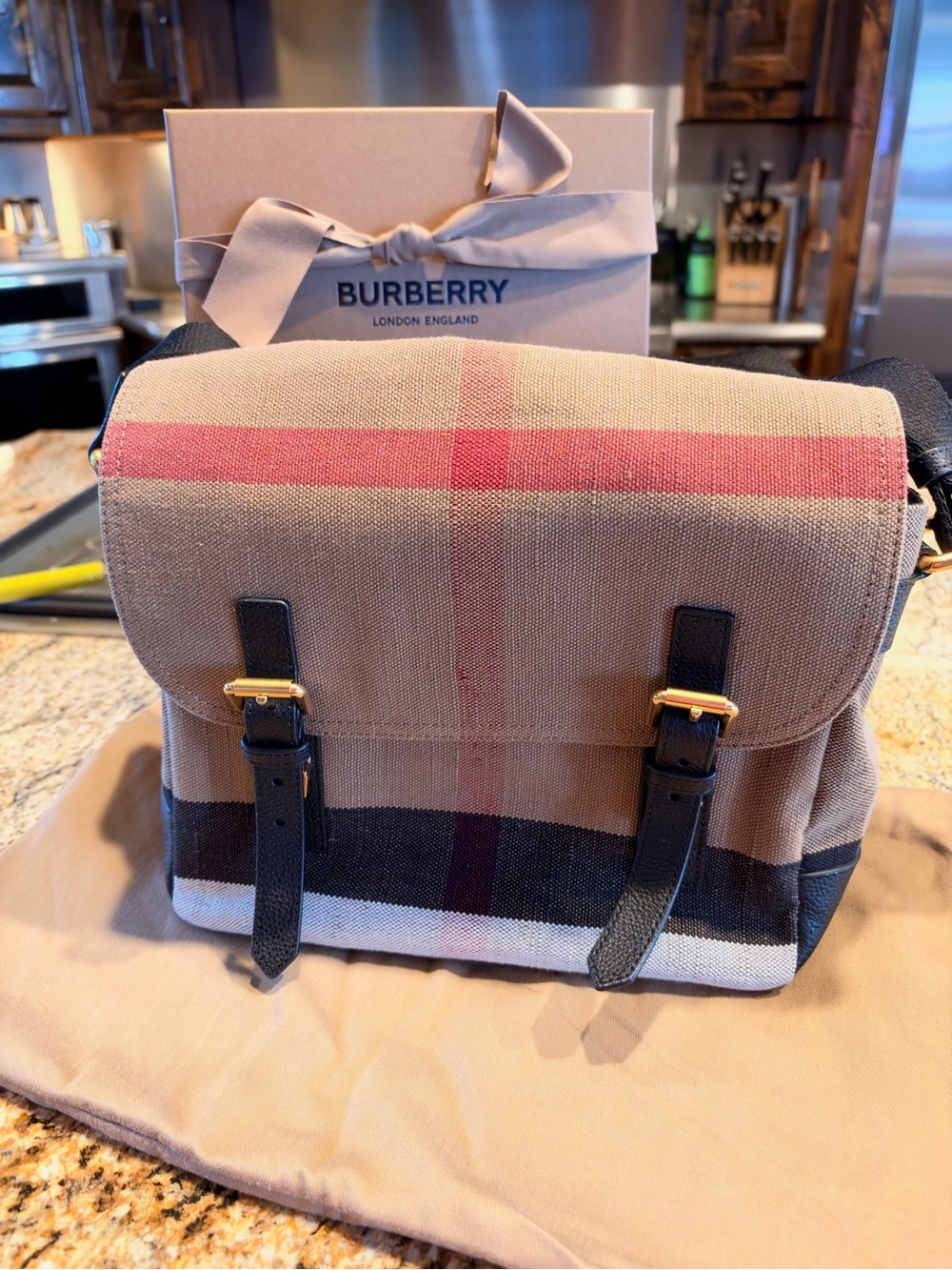 Burberry Tan & Black Check Canvas Messenger Bag with Red Accent